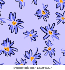 Vector floral seamless pattern. Simple colorful botanical illustration with daisy flowers. Plain sketch made of marker. Good for bedding, fabric, textile, wallpaper, wrapping, surface.