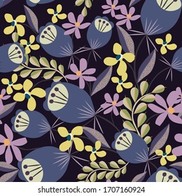 Vector floral seamless pattern. Simple abstract texture with cute fantasy flowers, leaves, twigs, berries, hand drawn elements. Doodle style illustration. Stylish background. Modern wallpapers design