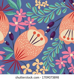 Vector floral seamless pattern. Simple abstract texture with cute fantasy flowers, leaves, twigs, berries, hand drawn elements. Doodle style illustration. Background in bright colors. Repeat design