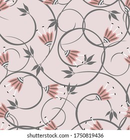 Vector floral seamless pattern. Simple vintage ornament with curly twigs, leaves, branches, hand drawn flowers. Abstract background in pastel colors, pink and gray. Repeat design for print, wallpaper