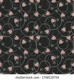 Vector floral seamless pattern. Simple vintage ornament with curly twigs, leaves, branches, hand drawn flowers. Abstract background. Liberty style wallpapers. Dark repeat design for decor, wallpapers
