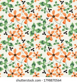 Vector floral seamless pattern. Simple texture with small hand drawn flowers, leaves. Beautiful summer abstract background. Modern doodle style painting. Green and orange color. Stylish repeat design