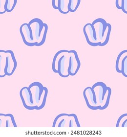 Vector floral seamless pattern with simple tulips. Cute groovy blue flowers in hand drawn style. Retro vibe. Cottage core.