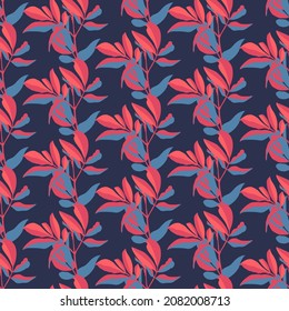 Vector floral seamless pattern. Sky blue and coral colored twigs and leaves isolated on a dark blue background. Design with vertically arranged floral elements for cards, layouts and templates.