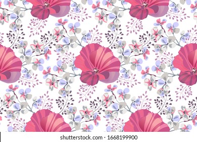 Vector floral seamless pattern. Small flowers on branches with mallow flowers isolated on a white background. Lilac tone. For home textiles, fabric, wallpaper design, accessories, digital paper.