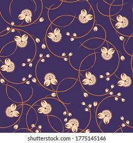 Vector floral seamless pattern with small scattered fantasy flowers, buds. Simple abstract botanical texture. Ditsy background. Liberty style wallpapers. Purple and orange color. Modern repeat design