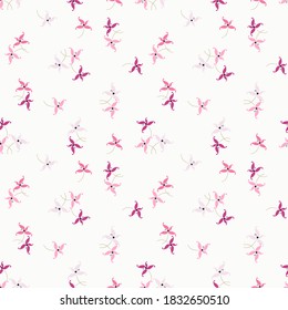 Vector floral seamless pattern with small abstract flowers, leaves. Ditsy texture. Modern minimal hand drawn background. Pink and white color. Repeat design for wallpaper, print, textile, fabric, wrap