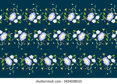 Vector floral seamless pattern with small flowers, buds, grass and leaves on a dark background horizontal edging orientation.