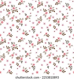 Vector floral seamless pattern with small flowers on a white background. Vintage rustic style. For fabrics, textiles and design.