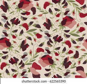 Vector floral seamless pattern in small-scale flowers. Background for textile or book covers, manufacturing, wallpapers, print, gift wrap. Sweet pea flowers on a beige background