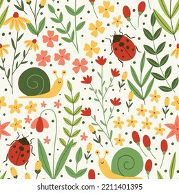 Vector floral seamless pattern with snail, ladybug. Wild flowers on beige background. Beautiful summer floral repeat background. Floral print design for textiles, wrapping paper, gift paper, fabric.