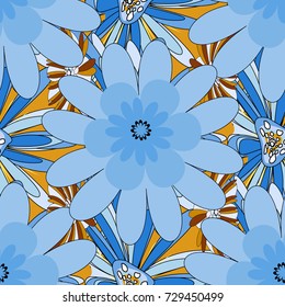 Vector floral seamless pattern. Soft design. Endless texture for wrapping, textiles, paper in blue, black and orange colors.