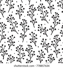 Vector Floral Seamless Pattern. Sprigs of wild flowers. Leaves Black and White Background. 