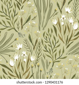 vector floral seamless pattern with spring herbs and flowers