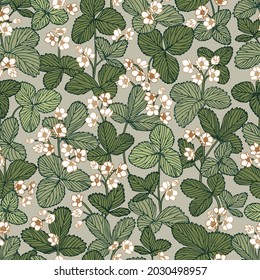 Vector floral seamless pattern with strawberry leaves and flowers. Natural repeated texture with foliage. Botanical print for fabric, wallpaper, wrapping paper. Elegant background with floral elements