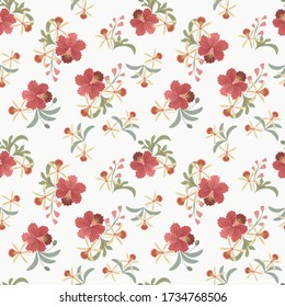 Vector floral seamless pattern. Stylish tropical background with red orchid flowers and green leaves on white backdrop. Elegant botanical texture. Summer style design for textile, wallpapers, print