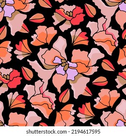 Vector floral seamless pattern. Stylized abstract flowers on a black background. Floral design for decorating surfaces, wallpapers, templates, cards and more.