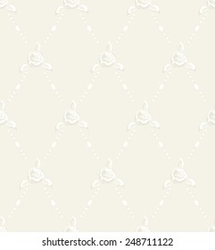 Vector floral seamless pattern with stylized white rose flowers, leafs, pearl and solid ivory background in sentimental wedding style, tender and delicate