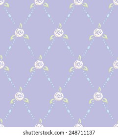 Vector floral seamless pattern with stylized lilac rose flowers, green leafs, pearl and solid blue background in romantic style, tender and soft