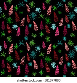 Vector floral seamless pattern with stylized flowers and leaves of lupine. Bright neon colors on black background.