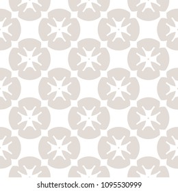 Vector floral seamless pattern. Subtle geometric background with flowers, rounded figures, crosses, stars, repeat tiles. Delicate abstract ornament texture. Elegant design in white and beige colors
