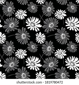 Vector floral seamless pattern. Subtle abstract texture with simple big flower silhouettes. Elegant background in black, gray, white color. Monochrome repeat design for decor, print, wrap, wallpaper