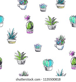 Vector floral seamless pattern. Succulents in sketch style isolated on white background. Hand drawn color illustration of houseplants. Cute cactuses. Botanical texture.