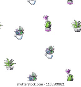 Vector floral seamless pattern. Succulents in sketch style isolated on white background. Hand drawn color illustration of houseplants. Cute cactuses. Botanical texture.