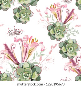 Vector floral seamless pattern with summer herbs, succulent and pink royal lilies. White background.