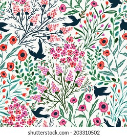 vector floral seamless pattern with summer blooms and abstract birds