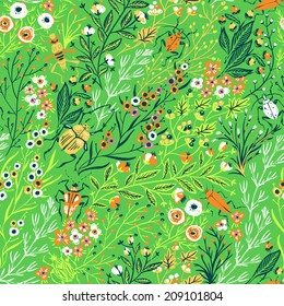 vector floral seamless pattern with summer plants and insects on a bright green background