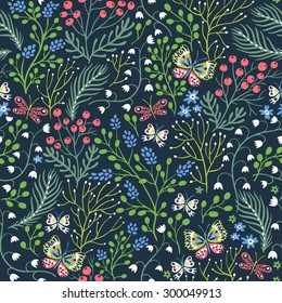 vector floral seamless pattern with summer herbs and flying butterflies