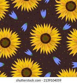 Vector floral seamless pattern with sunflowers and bellflowers on dark background.