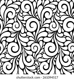 Vector floral seamless pattern with swirl shapes. Black and white background. Decorative illustration for print, web