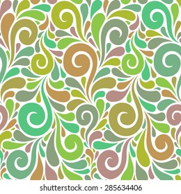Vector floral seamless pattern with swirl shapes. Green background. Decorative illustration for print, web