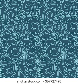 Vector floral seamless pattern with swirl shapes. Blue linear background. Decorative illustration for print, web
