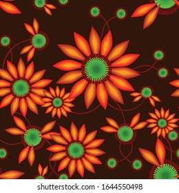 Vector floral seamless pattern. Traditional Ukrainian folk style (Petrykivka) painting. Hand painted orange flowers on dark brown background. Abstract ornament texture. Repeat design for decor, print