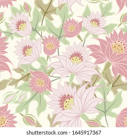 Vector floral seamless pattern in traditional ethnic style. Asian folk painting. Elegant texture with pink flowers, peonies, green leaves. Abstract botanical ornament background. Repeated design