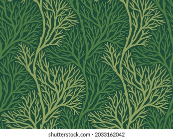 Vector floral seamless pattern with tree branches. Repeated texture with florals. Botanical hand-drawn print for fabric, home decor, wrapping paper. Natural background. Lichen texture. Moss ornament