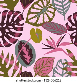 Vector floral seamless pattern with tropical Monstera leaves,Flamingo flower and exotic foliage. Bright botanical pattern with Palm leaves.Backdrop for wallpaper, fabric, textile, wrapper or surface.