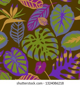Vector floral seamless pattern with tropical Monstera leaves,Flamingo flower and exotic foliage. Bright botanical pattern with Palm leaves.Backdrop for wallpaper, fabric, textile, wrapper or surface.
