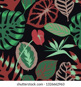 Vector floral seamless pattern with tropical Monstera leaves,Flamingo flower and exotic foliage. Bright botanical pattern with Palm leaves.Backdrop for wallpaper, fabric, textile, wrapper or surface.