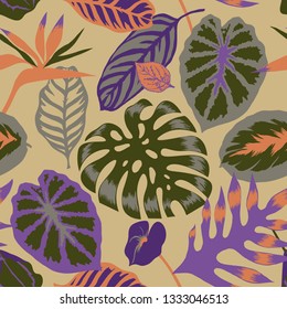 Vector floral seamless pattern with tropical Monstera leaves,Flamingo flower and exotic foliage. Bright botanical pattern with Palm leaves.Backdrop for wallpaper, fabric, textile, wrapper or surface.