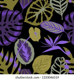 Vector floral seamless pattern with tropical Monstera leaves,Flamingo flower and exotic foliage. Bright botanical pattern with Palm leaves.Backdrop for wallpaper, fabric, textile, wrapper or surface.