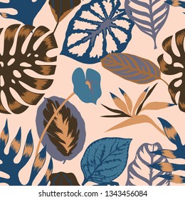 Vector floral seamless pattern with tropical Monstera leaves,Flamingo flower and exotic foliage. Bright botanical pattern with Palm leaves.Backdrop for wallpaper, fabric, textile, wrapper or surface.