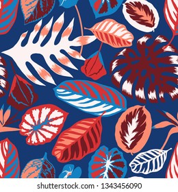 Vector floral seamless pattern with tropical Monstera leaves,Flamingo flower and exotic foliage. Bright botanical pattern with Palm leaves.Backdrop for wallpaper, fabric, textile, wrapper or surface.