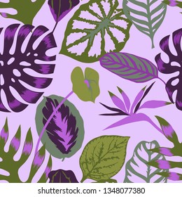 Vector floral seamless pattern with tropical Monstera leaves,Flamingo flower and exotic foliage. Bright botanical pattern with Palm leaves.Backdrop for wallpaper, fabric, textile, wrapper or surface.