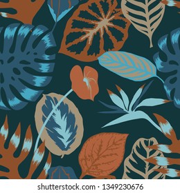 Vector floral seamless pattern with tropical Monstera leaves,Flamingo flower and exotic foliage. Bright botanical pattern with Palm leaves.Backdrop for wallpaper, fabric, textile, wrapper or surface.