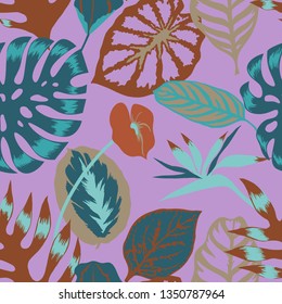 Vector floral seamless pattern with tropical Monstera leaves,Flamingo flower and exotic foliage. Bright botanical pattern with Palm leaves.Backdrop for wallpaper, fabric, textile, wrapper or surface.