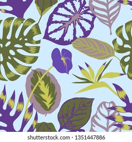 Vector floral seamless pattern with tropical Monstera leaves,Flamingo flower and exotic foliage. Bright botanical pattern with Palm leaves.Backdrop for wallpaper, fabric, textile, wrapper or surface.